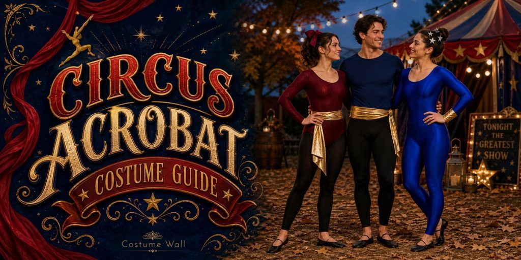 Burgundy Leotard, Navy Fitted Shirt, Opaque Black Leggings and Royal Blue Unitard beside Circus Acrobat