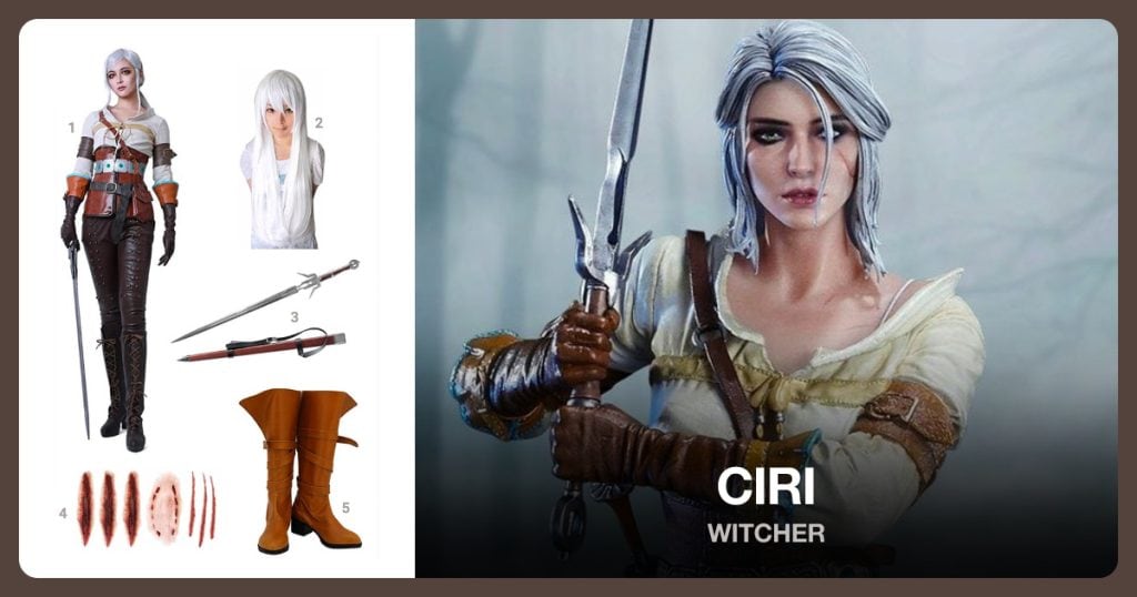 Ciri Costume, White Long Hair Wig, Ciri Sword and Injury Sticker beside Ciri
