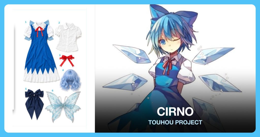 Blue Sundress, White Blouse, Red Ribbon To Tie Around The Shirt and Short Blue Wig beside Cirno