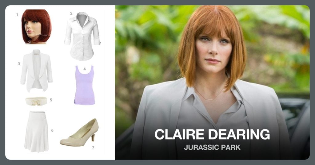 Claire Dearing costume from Jurassic Park: Auburn Wig, White Button Down Shirt, Womens White Blazer, Lavender Cotton Tank Top