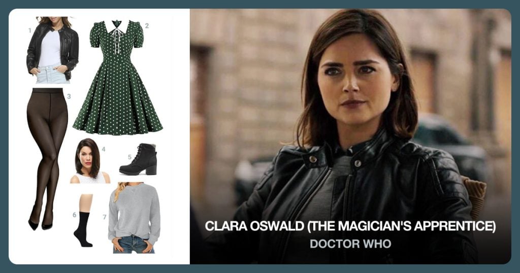 Faux Leather Motocross Jacket, Green Swing Dress Polka Dot, Fleece Lined Tights and Short Brown Wig beside Clara Oswald (The Magician’s Apprentice)