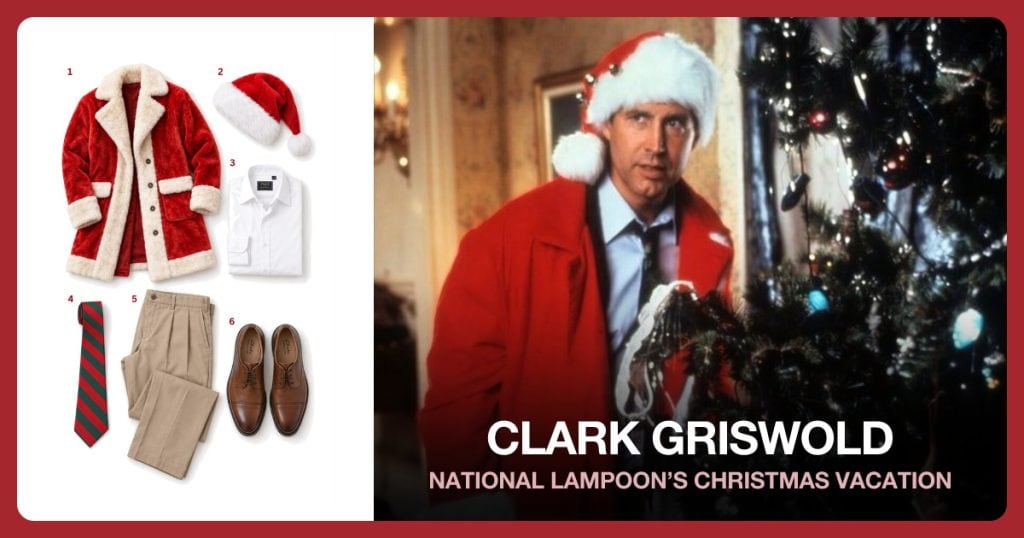 Red Santa Coat, Red Santa Hat, White Dress Shirt and Red Christmas Tie beside Clark Griswold