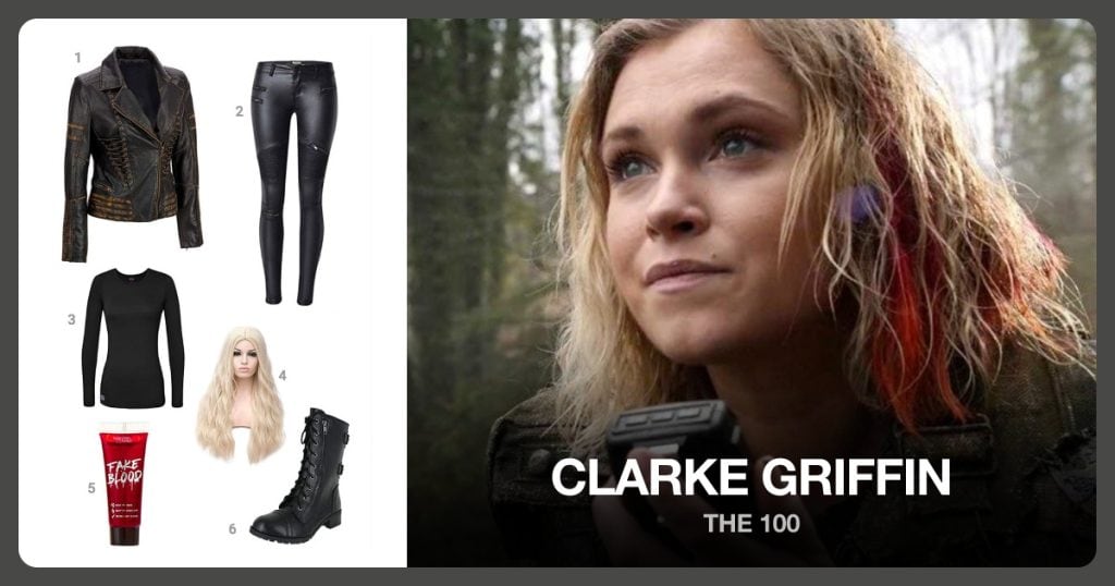 Distressed Leather Jacket, Stretchy Rider Leggings, Long Sleeve T-Shirt and Wavy Hair Wig beside Clarke Griffin