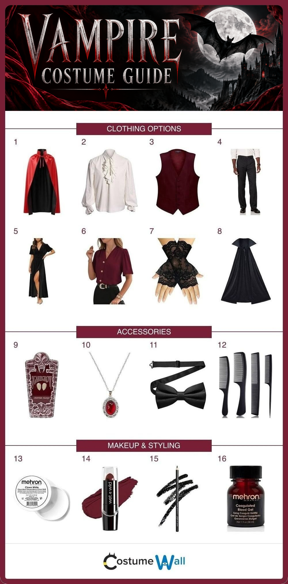 Vampire costume guide with 16 numbered clothing, accessory and styling options