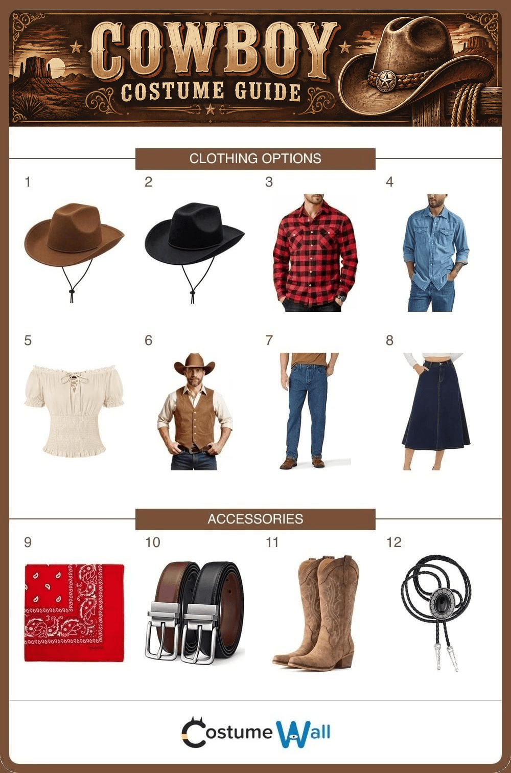Cowboy costume guide with 12 numbered clothing, accessory and styling options