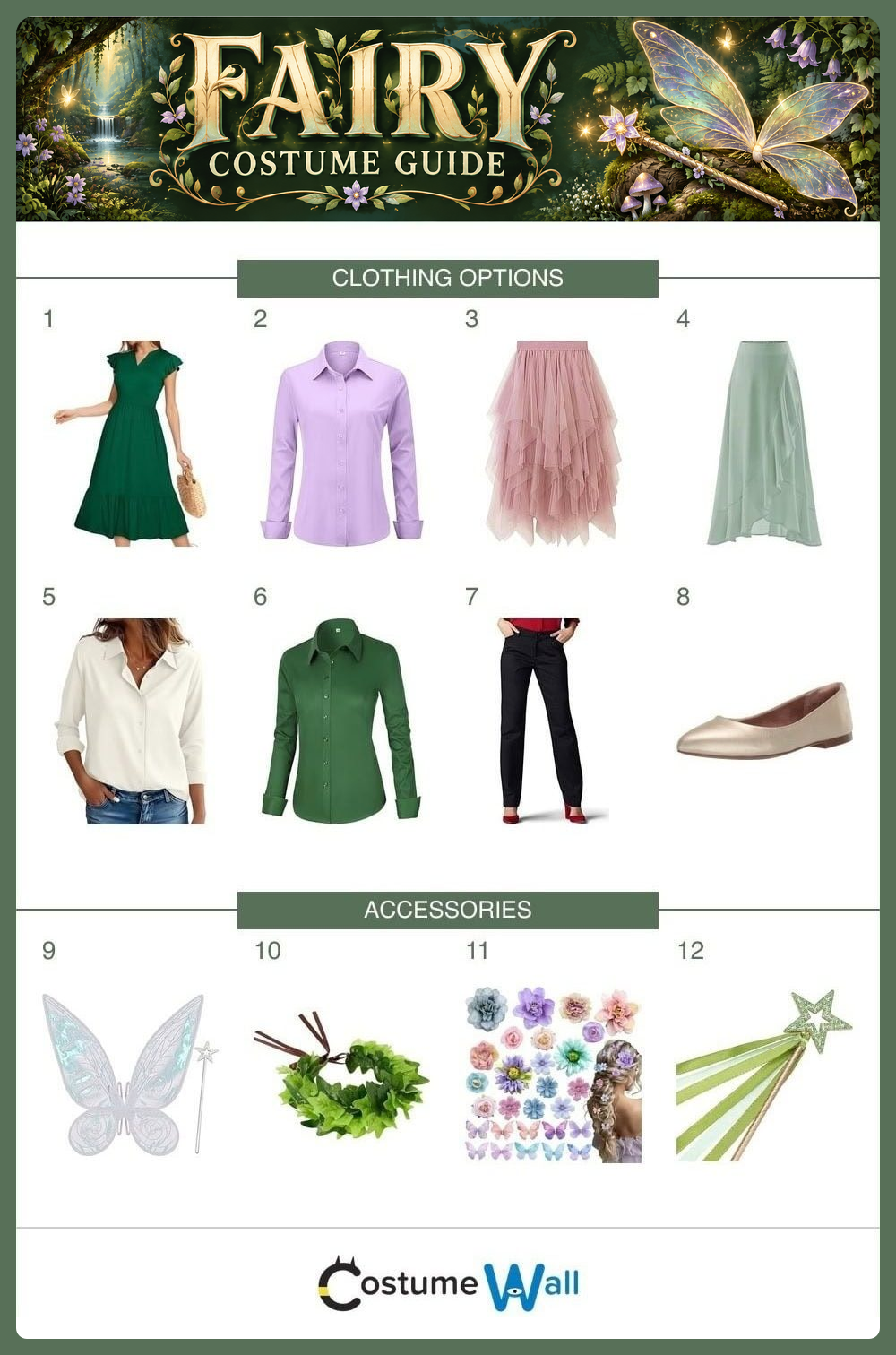 Fairy costume guide with 12 numbered clothing, accessory and styling options