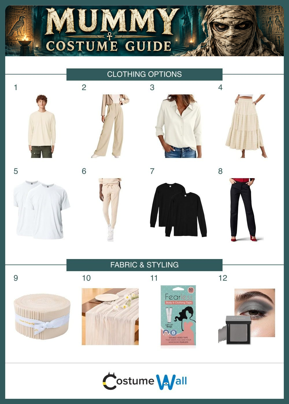 Mummy costume guide with 12 numbered clothing, accessory and styling options