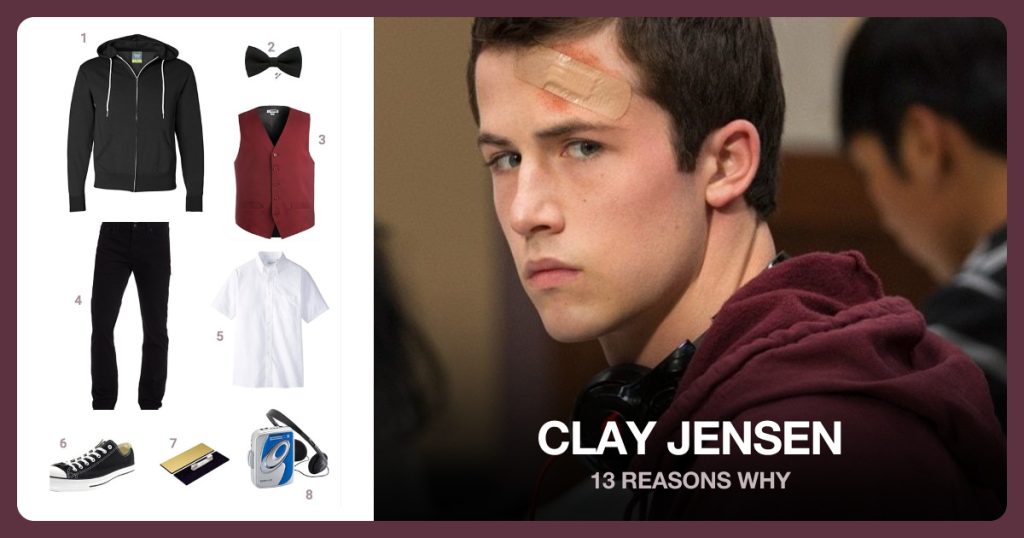 Black Hoodie, Black Bow Tie, Burgundy Vest and Slim Fit Jean beside Clay Jensen