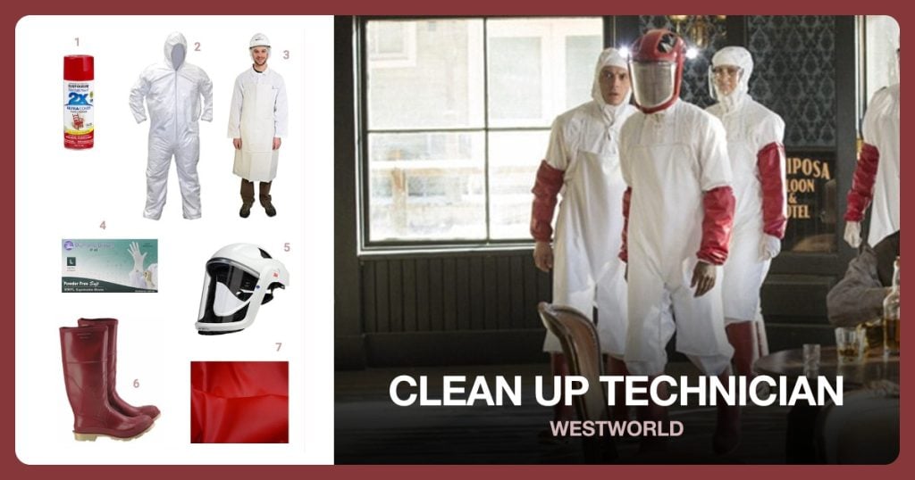 Rust-Oleum Red Spray Paint, White Hooded Painter’s Coverall, White Vinyl Apron and White Examination Gloves beside Clean Up Technician
