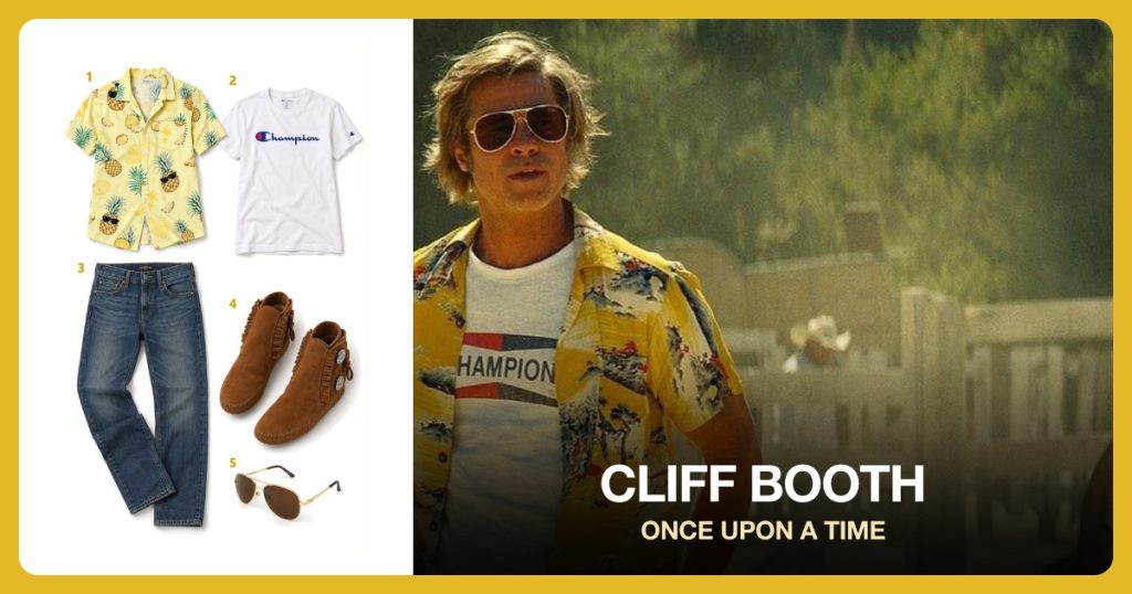 Light Yellow Aloha Shirt, White Champion T-Shirt, Vintage Blue Straight Leg Jeans and Brown Moccasin Boots beside Cliff Booth