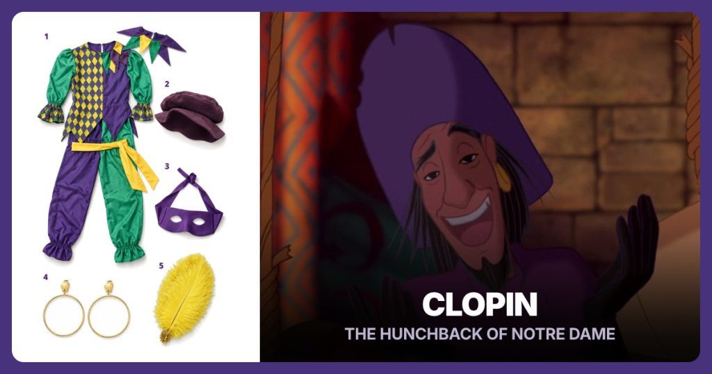 Mardi Gras Jester Costume Set, Purple Renaissance Hat, Purple Half Mask and Large Gold Hoop Earrings beside Clopin