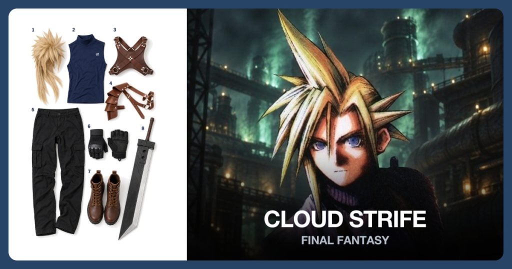 Spiky Blond Wig, Navy Sleeveless Turtleneck, Brown Chest Harness and Single Shoulder Pauldron beside Cloud Strife