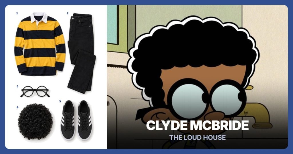 Navy and Gold Striped Polo, Black Straight-Leg Jeans, Black Round Glasses and Short Black Curly Wig beside Clyde McBride
