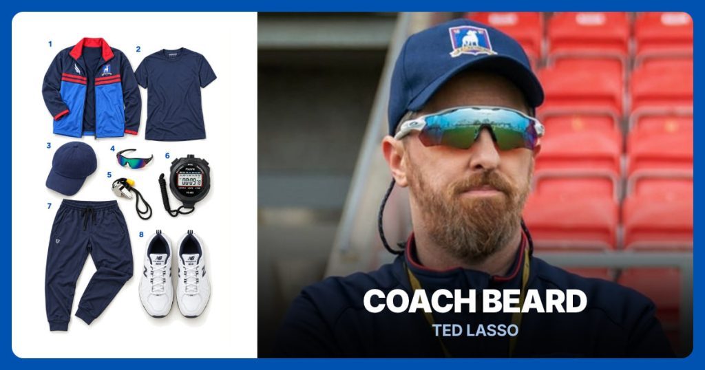 Football Coach Sports Jacket, Men’s Navy Blue Shirt, Navy Blue Cap and Polarized Sports Sunglasses beside Coach Beard