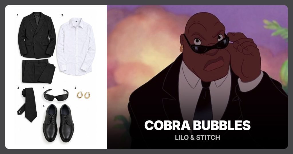 Black Double-Breasted Suit, White Dress Shirt, Black Necktie and Black Wraparound Sunglasses beside Cobra Bubbles