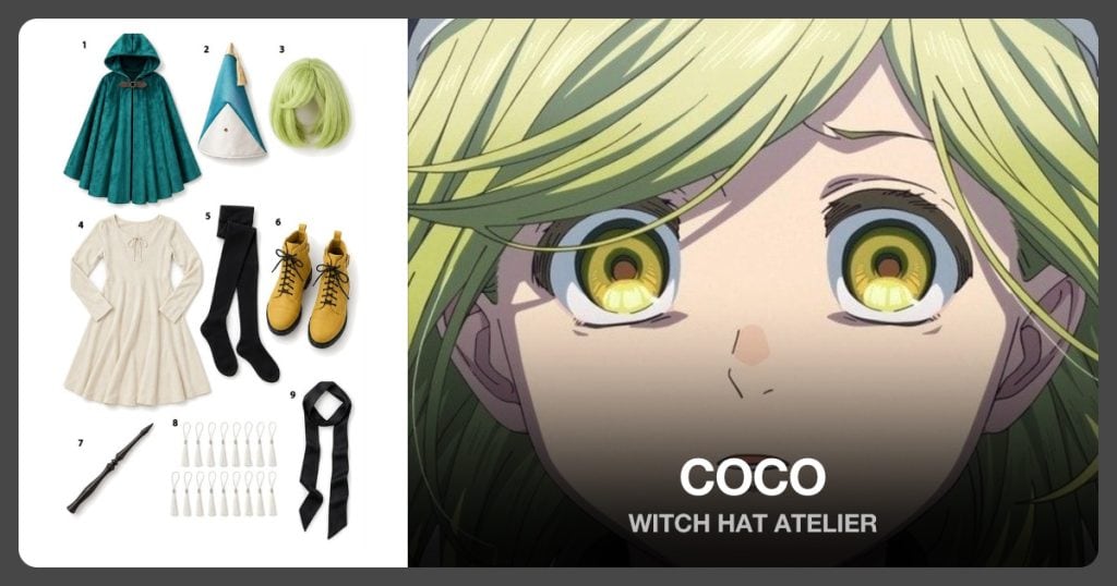 Hooded Cape, Blue Grey Witch Hat, Green Bob Wig and Beige Underdress beside Coco