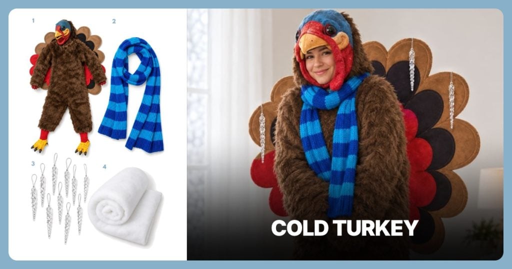 Plush Turkey Costume, Blue Striped Knit Scarf, Clear Icicle Ornaments and White Faux-Snow Blanket beside Cold Turkey