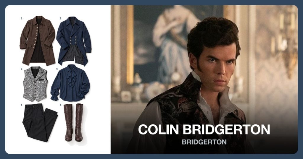 Brown Coat, Blue Tailcoat, Gray Printed Vest and Blue Ruffle Shirt beside Colin Bridgerton