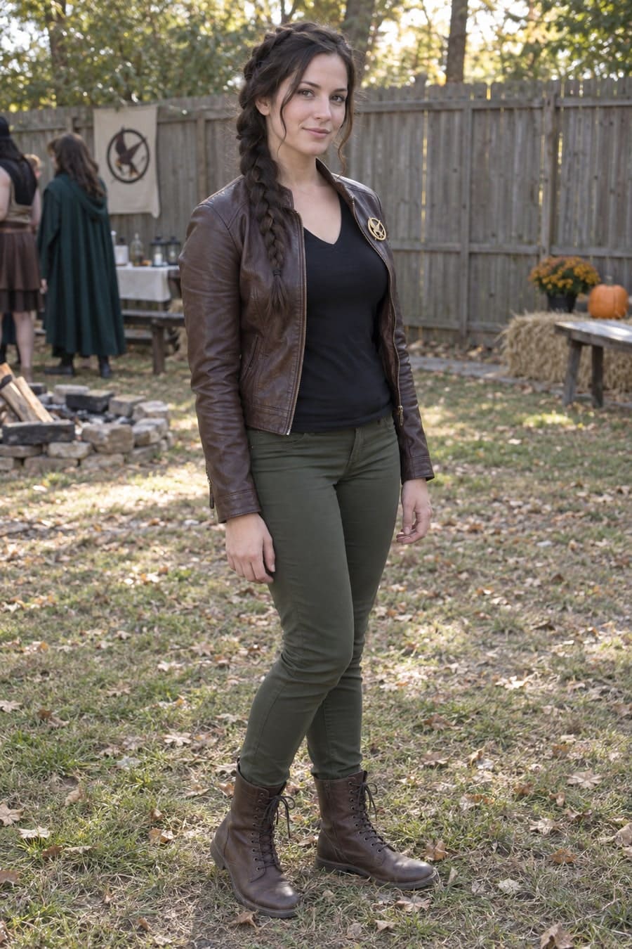 Adult cosplayer wearing a brown jacket, black top, olive jeans, boots, and a dark side braid as Katniss Everdeen.