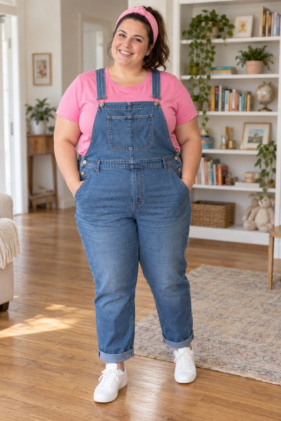 Plus-size adult wearing a pink tee, denim overalls and pink headband inspired by Ms. Rachel.