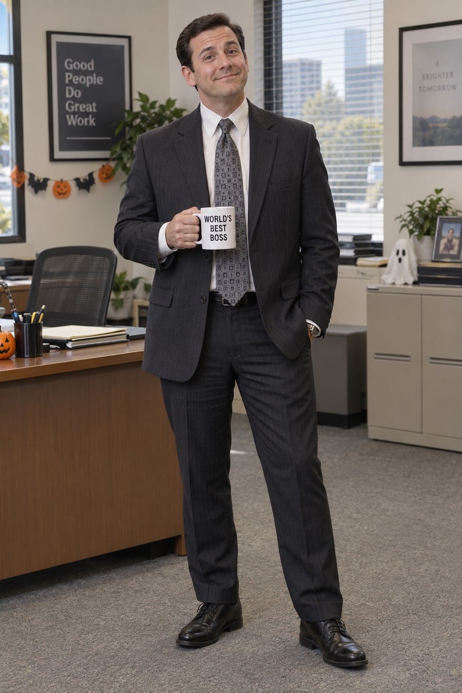 Adult Michael Scott cosplayer in a dark pinstripe suit holding a World’s Best Boss mug, shown head to toe.