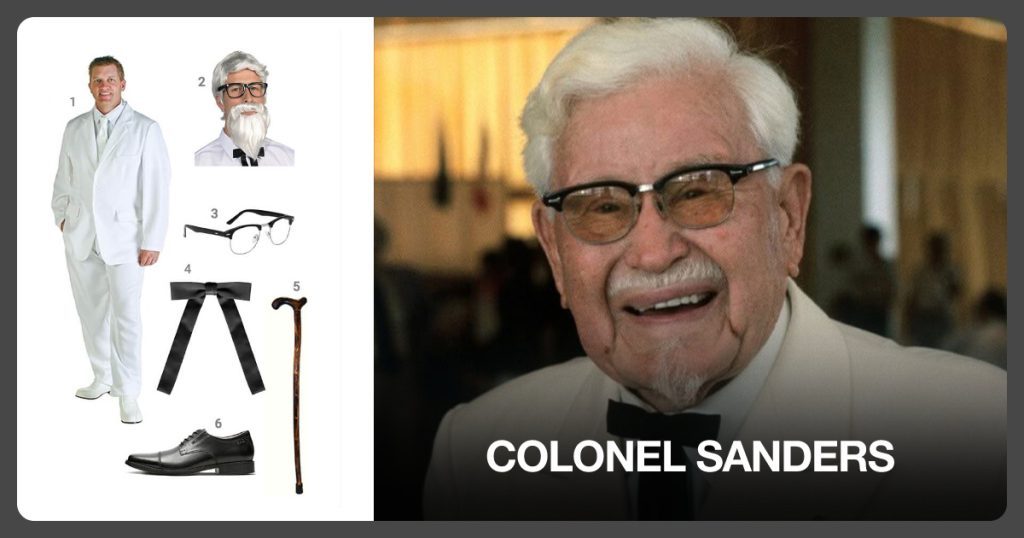 White Suit, White Wig and Beard, Half Frame Clear Lens Glasses and Black Satin Western Tie beside Colonel Sanders