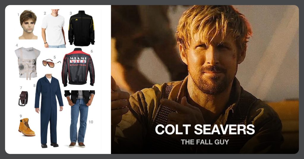 Golden Brown Mix Short Wig, Men’s T-Shirt, 3-Stripes Black Yellow Track Jacket and Vest Costume beside Colt Seavers