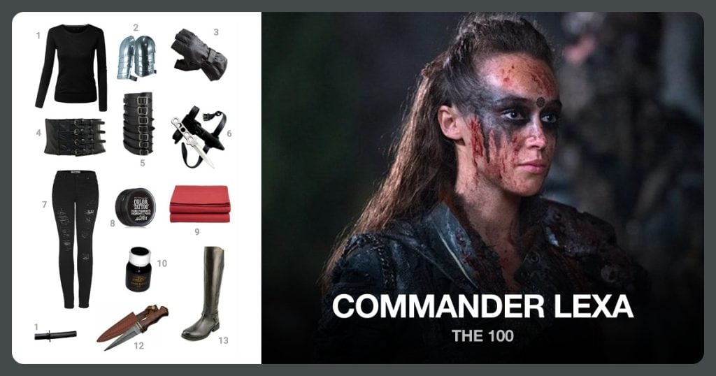 Women’s Long Sleeve Sweater, Shoulder Armour, Classic Gloves and Corset Waist Belt beside Commander Lexa