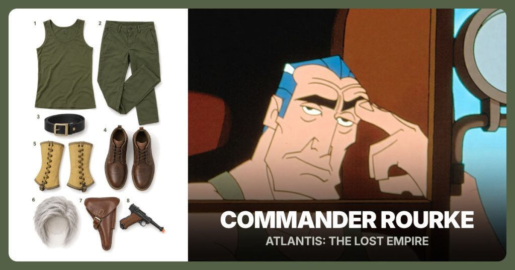 Olive Tank Top, Olive Green Pants, Black Brass-Buckle Belt and Brown Lace-Up Boots beside Commander Rourke