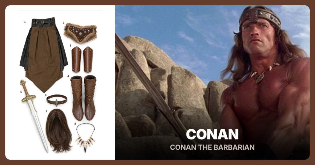 Brown Warrior Loincloth, Fur Trimmed Waist Belt, Brown Leather Bracers and Dark Brown Mid Calf Boots beside Conan