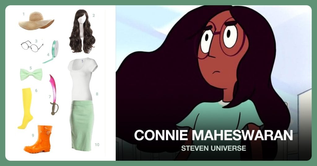 Brown Floppy Hat, Long Curly Brown Wig, Circle Frame Glasses and Mint Satin Ribbon beside Connie Maheswaran