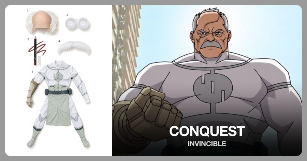 Bald Cap with White Hair, White Mini Sclera Contacts, Dark Red Eye Pencil and White Mustache beside Conquest