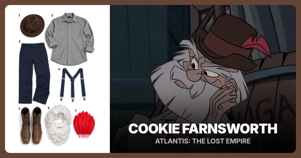 Brown Fedora Hat, Gray Work Shirt, Navy Work Pants and Navy Suspenders beside Cookie Farnsworth