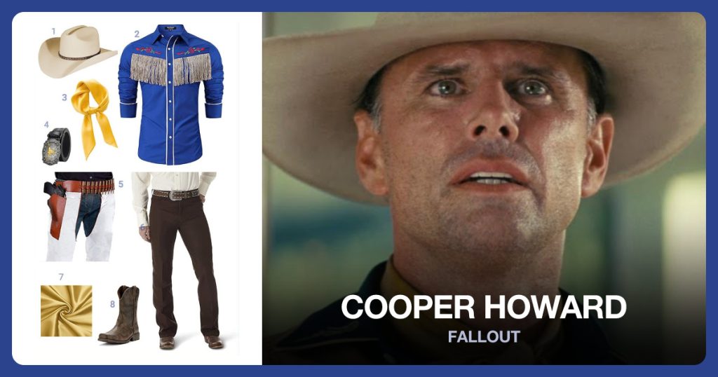 Cream Cowboy Hat, Long Sleeve Shirt with Fringe, Square Neck Scarf and Cowboy Leather Belt beside Cooper Howard