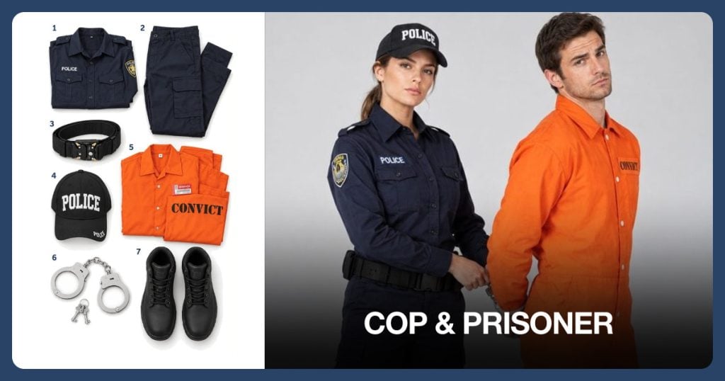 Police Officer Shirt, Navy Police Trousers, Tactical Utility Belt and Police Baseball Cap beside Cop & Prisoner