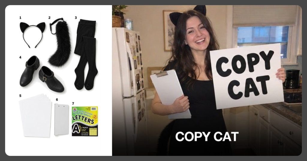 Black Cat Ears, Black Cat Tail, Black Opaque Tights and Black Ankle Boots beside Copy Cat