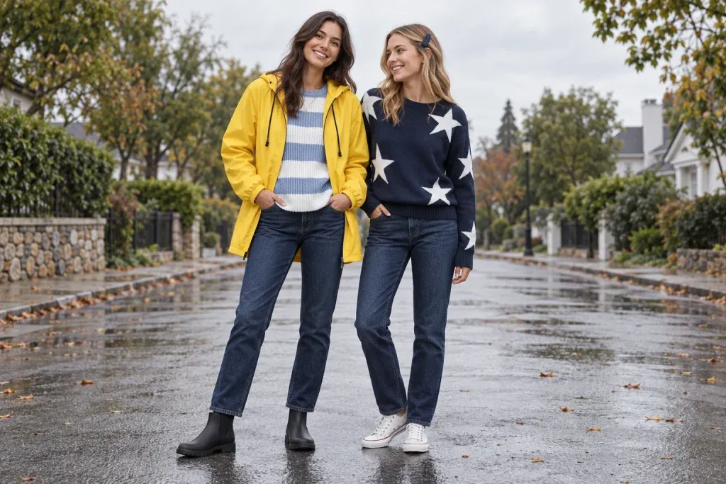 Adults wearing Coraline-inspired everyday outfits in a character palette, styled as modern streetwear.