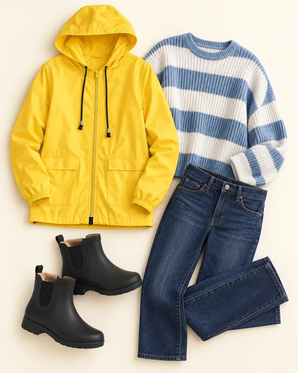 Bright yellow raincoat, blue-and-white striped sweater, dark straight jeans and black waterproof Chelsea boots on white.