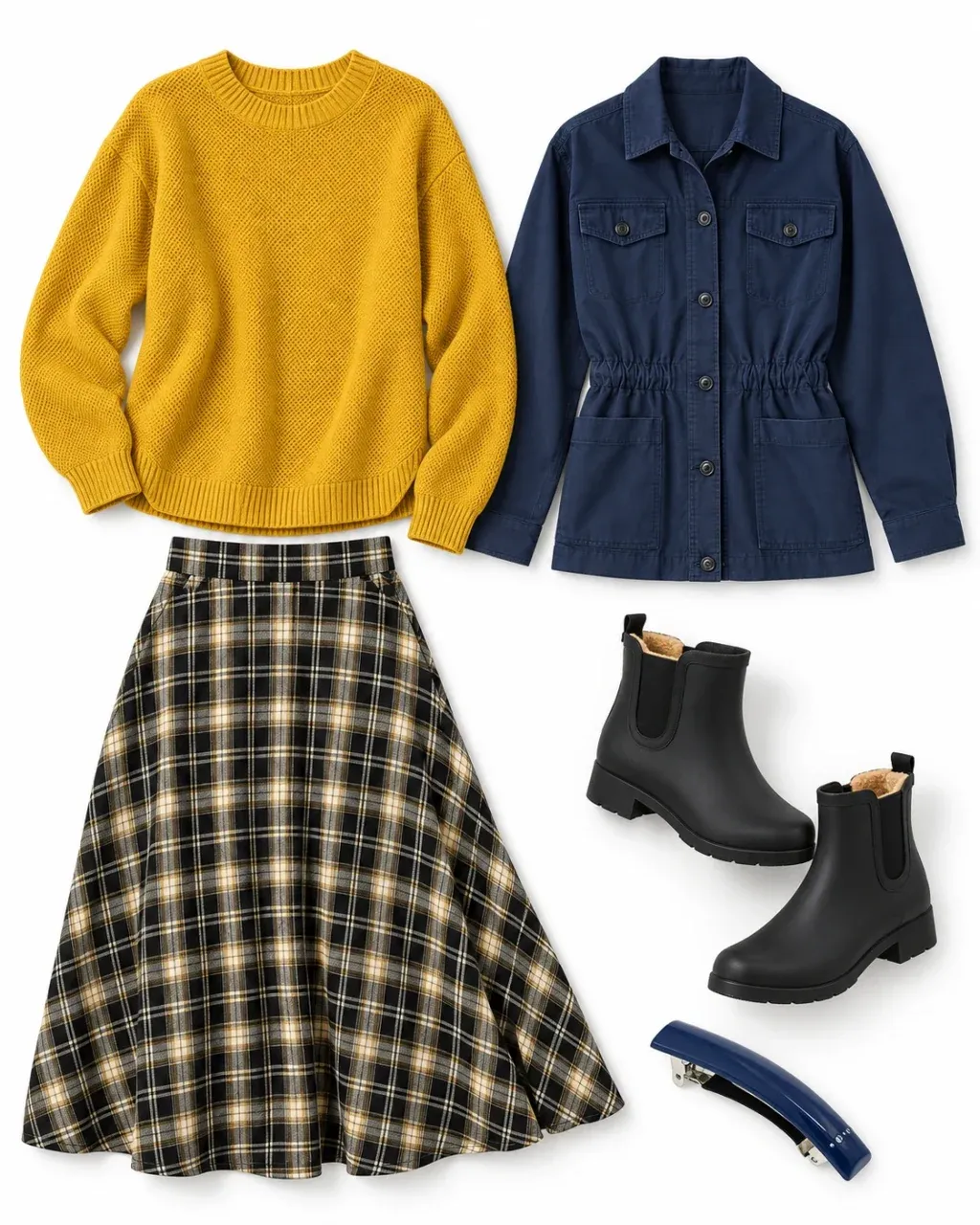 Mustard sweater, navy utility jacket, black and gold plaid midi skirt, black Chelsea boots and a dark blue barrette arranged on white.