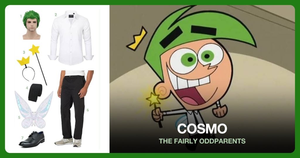 Short Green Wig, White Button Down Collared Shirt, Fairy Star Wand and Crown and Black Square Bottom Necktie beside Cosmo