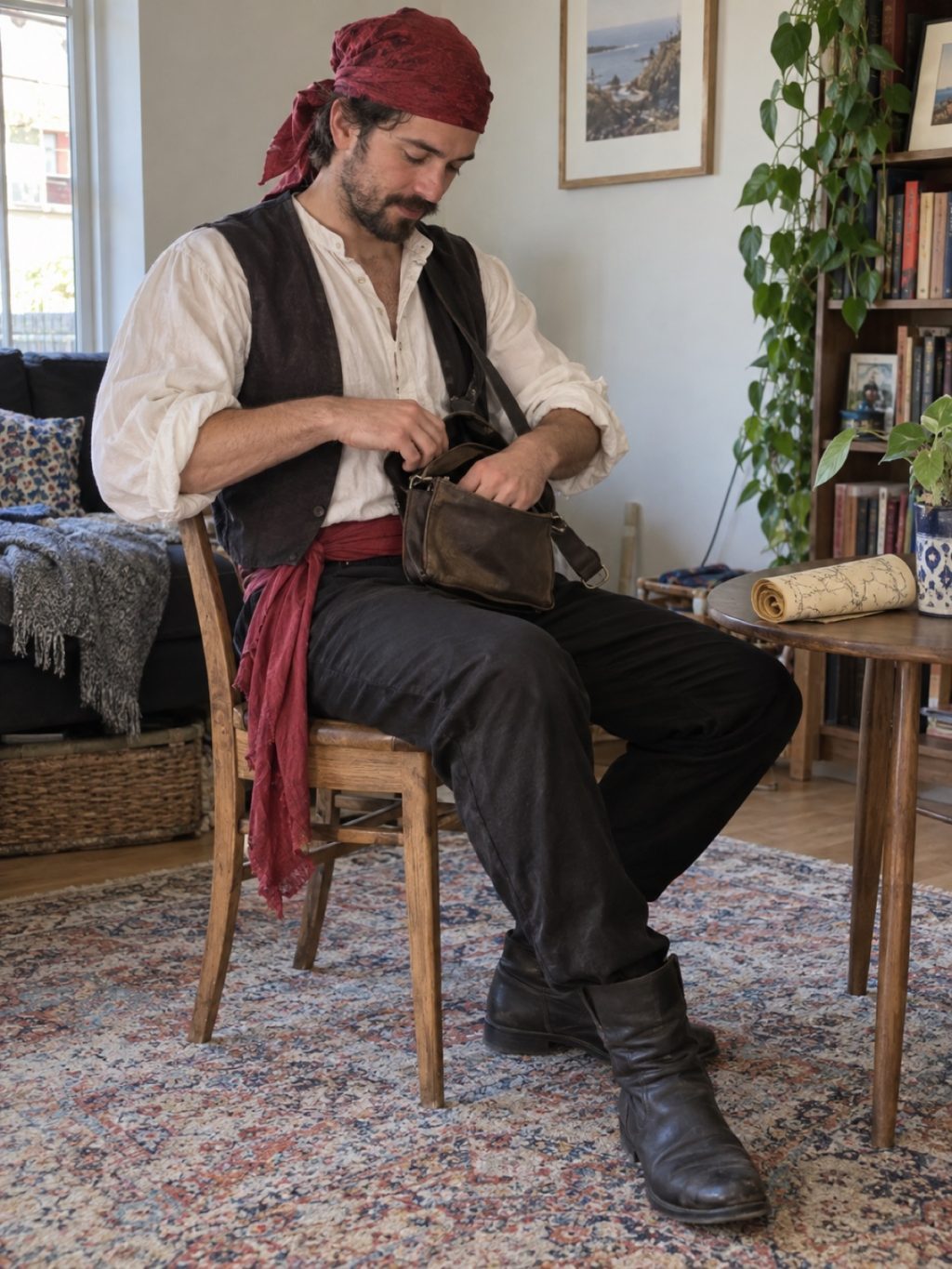 A seated pirate checking a small bag during a costume rehearsal