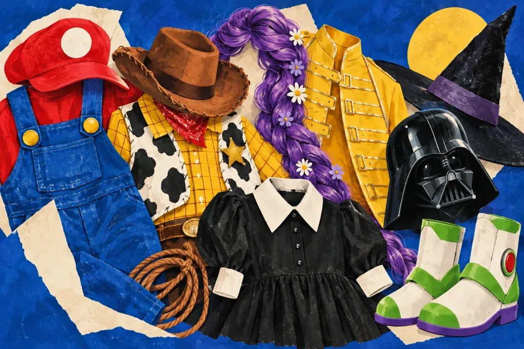 Illustrated collage of hats, clothing, a purple wig and a space-villain helmet
