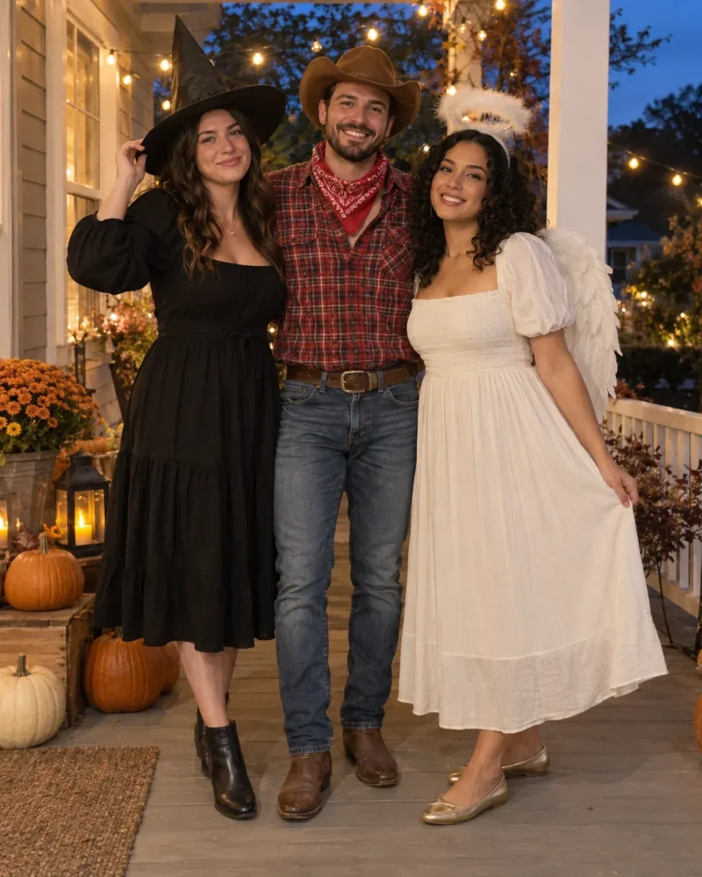 Friends wearing recognizable Halloween costumes at a party