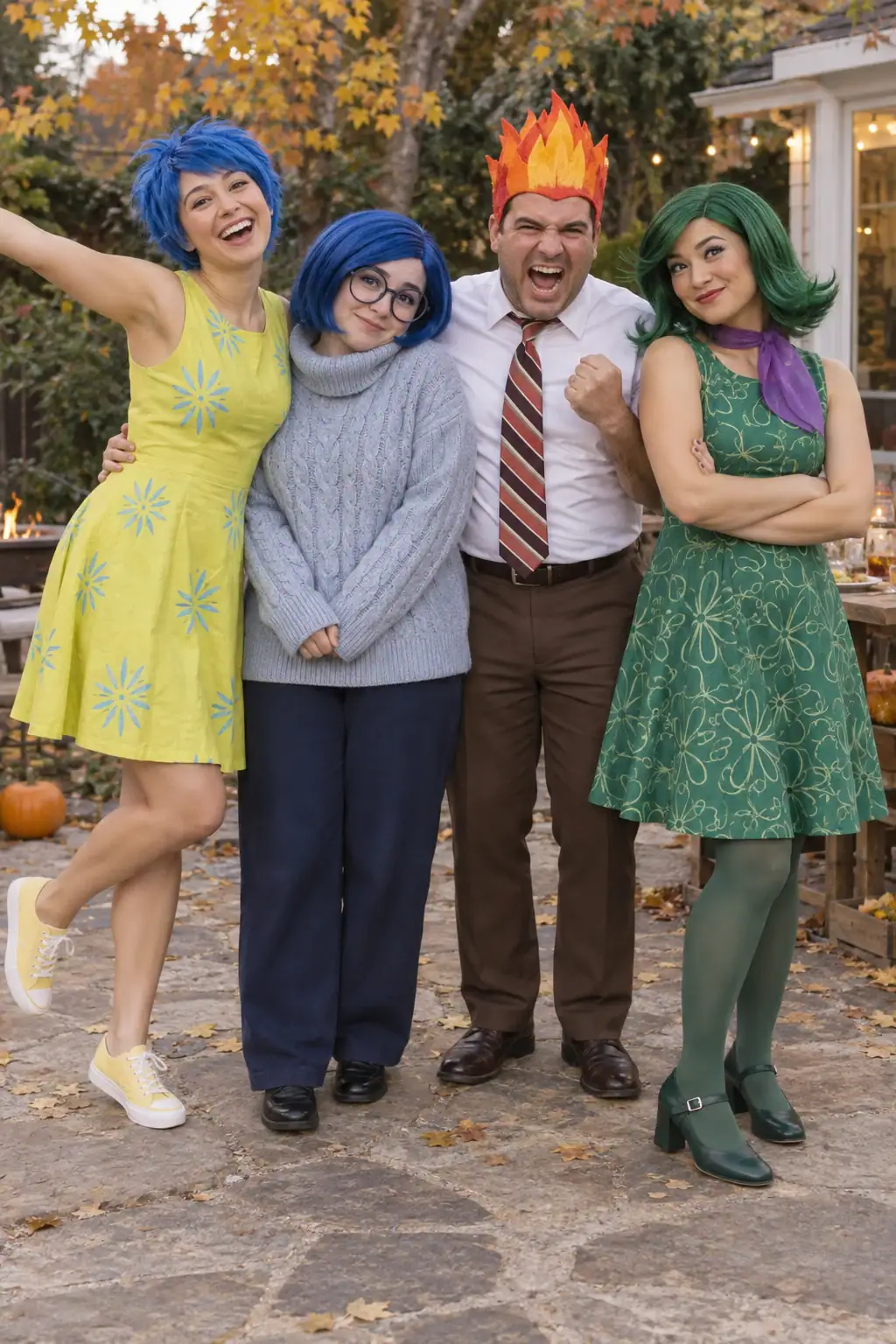 Four friends in Joy, Sadness, Anger and Disgust costumes