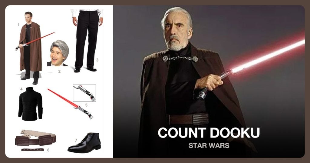 Count Dooku Cape, Grey Hair Wig, Black Pants and Black Turtleneck beside Count Dooku