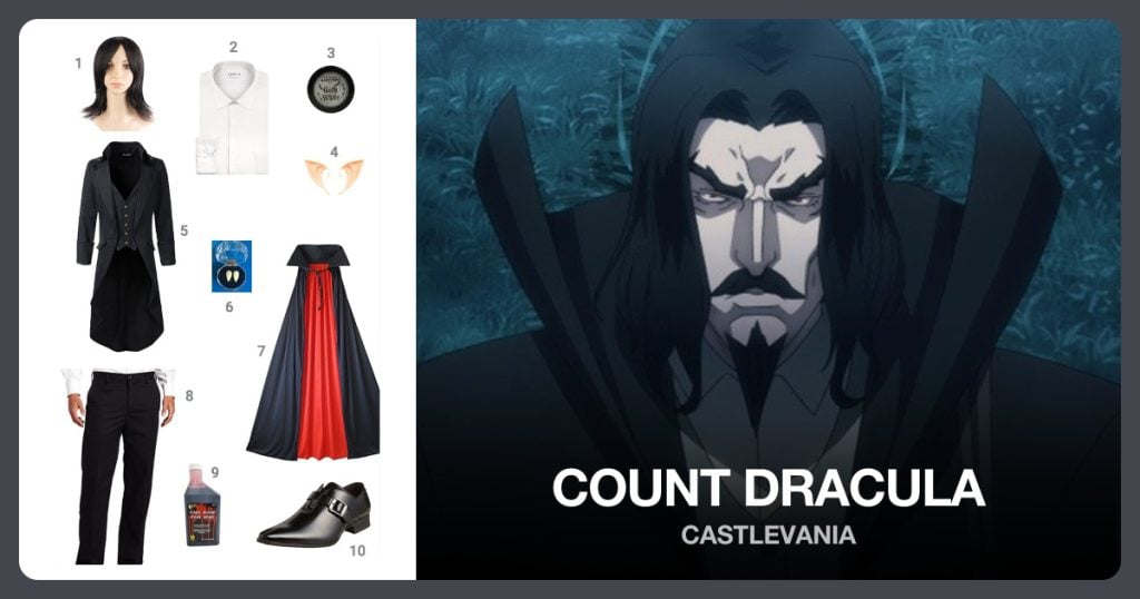 Straight Hair Wig, Spread Collar Dress Shirt, White Foundation and Pointed Ears beside Count Dracula