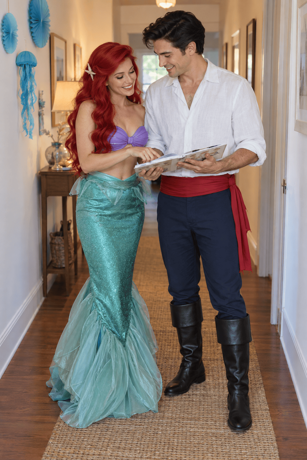 Two friends planning Ariel and Prince Eric costumes together