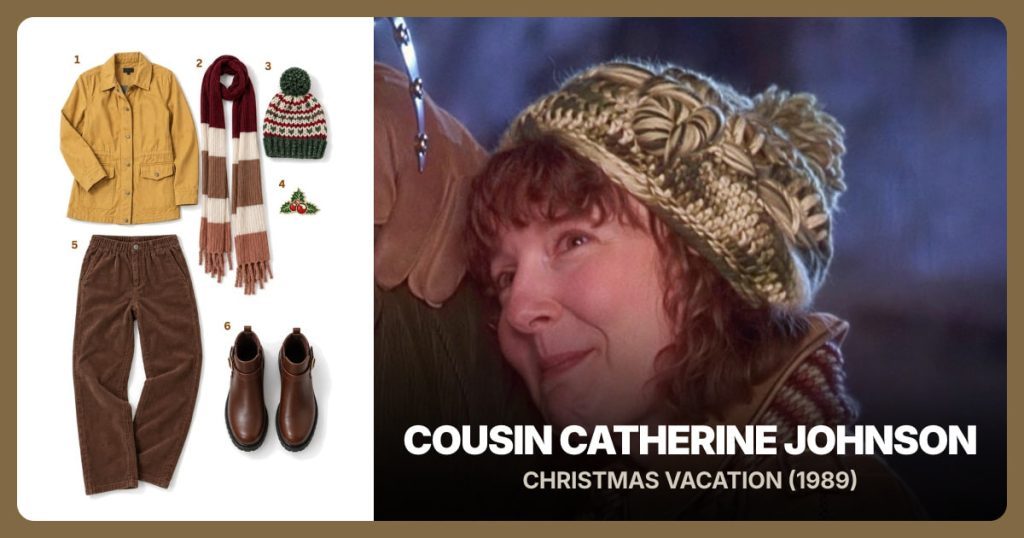 Ochre Utility Jacket, Striped Knit Scarf, Fair Isle Pom Hat and Holly Berry Brooch beside Cousin Catherine Johnson