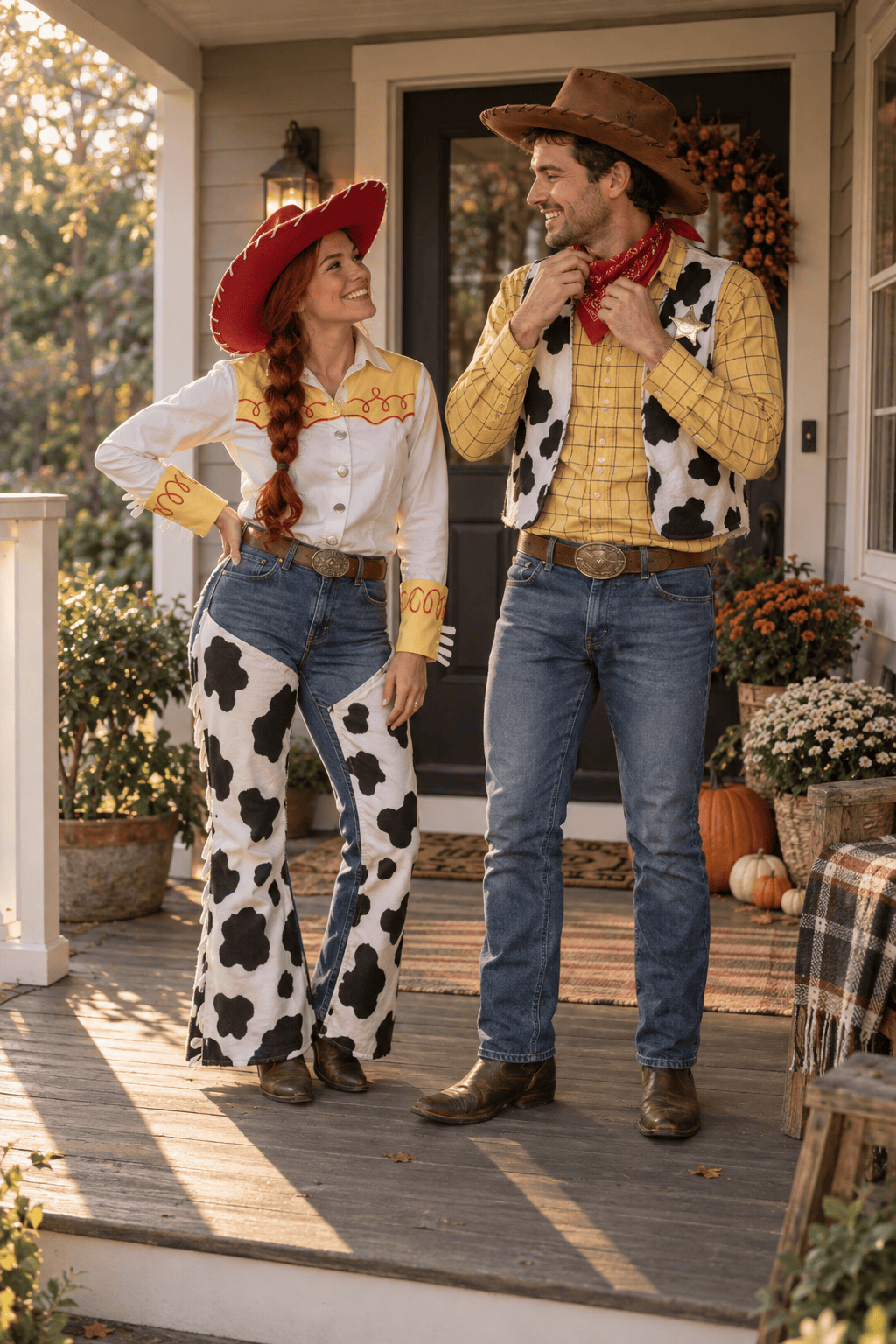 Two adults wearing Woody and Jessie inspired costumes with brown and red cowboy hats on a porch
