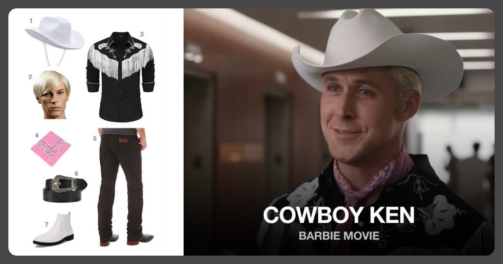 White Cowboy Hat, Short Blonde Hair Wig, Cowboy Fringe Long Sleeve and Pink Cowboy Bandana beside Cowboy Ken